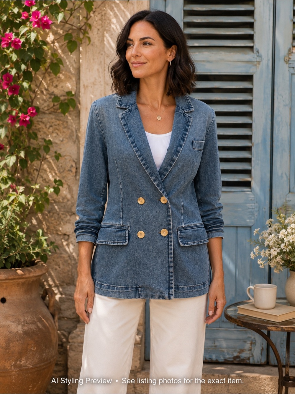 Black Tape Denim Blazer Women’s L Double Breasted Blue Stretch Jacket